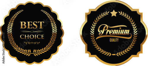 Two gold and black premium quality labels