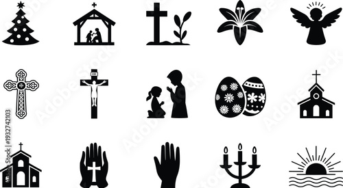 Christian religious icons collection, Christmas tree nativity, Easter lily cross, praying hands church, angel worship symbols, resurrection hope faith illustration