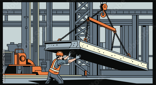 Cartoon illustration of construction worker guiding a large panel suspended by chains and a crane inside of a factory, industrial style, with muted colors.