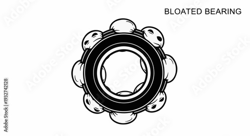 Close-up schematic of a damaged ball bearing with worn rollers
