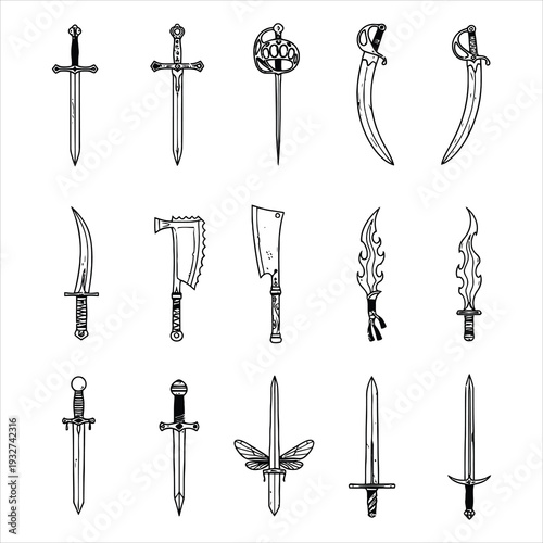 Collection of Diverse Sword and Blade Designs, Illustrated in Black and White Outline Style