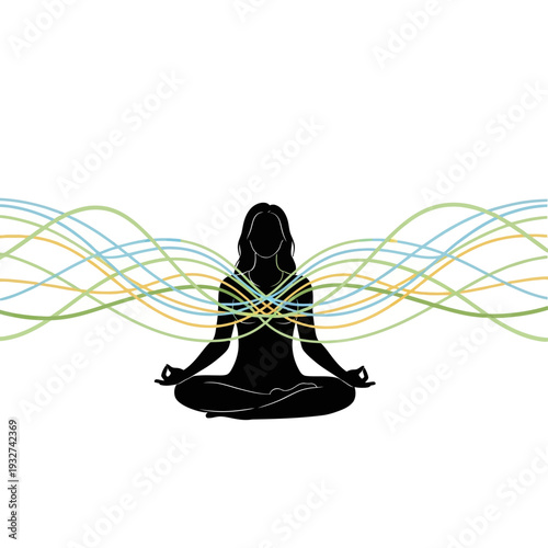 Silhouette of a woman in lotus position with colorful waves, representing meditation and mindfulness.