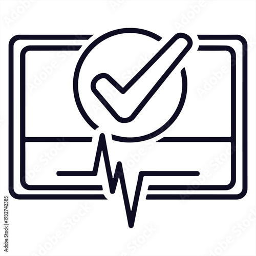 A medical checkmark icon with a heartbeat line on a white background