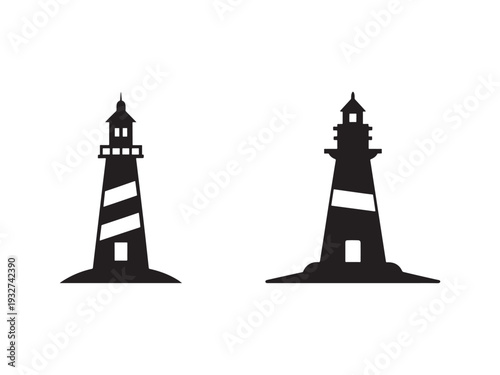 Two black and white lighthouse silhouettes on white background  nautical icons  lighthouse towers  striped patterns