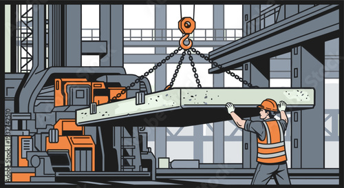 Stylized illustration of a construction worker in an orange vest guiding a suspended concrete slab with a crane inside a building under construction with gray and orange machinery.