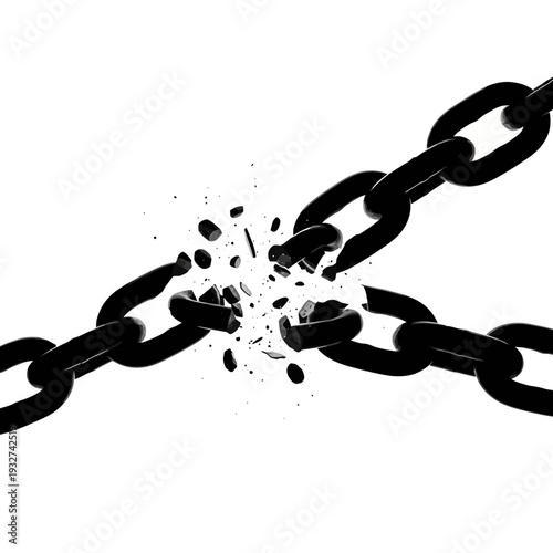 A broken chain with shattered links symbolizing freedom and liberation.