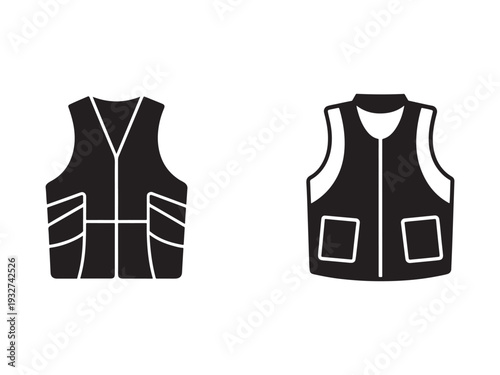 Two black and white safety vests with reflective strips on white background  construction worker clothing