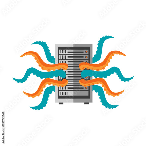 Server under attack by octopus tentacles, data security concept.