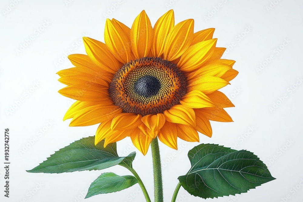 Obraz premium bright cheerful sunflower with vibrant yellow petals, textured dark center, green stem and leaves on a clean white background