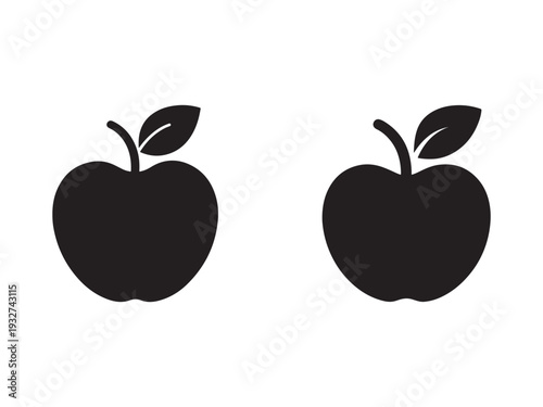 Two black apple silhouettes with leaves on white background for food and fruit related designs  healthy eating and nutrition concepts