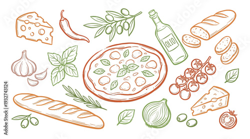Italian pizza ingredients icon set in hand drawn outline style, pizza, cheese, tomatoes, herbs, and bread
