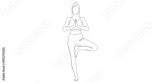 Simple line drawing of a woman performing the tree pose yoga asana
