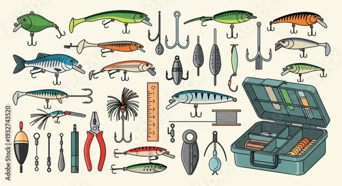 Collection of fishing lures and tackle box, ready for angling adventures and outdoor recreation.