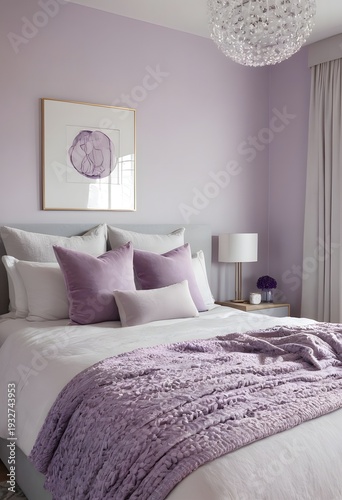 Modern Lavender Bedroom Interior with Soft Lighting and Cozy Decor