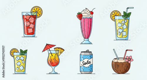 Colorful cocktails and refreshing drinks assortment for summer enjoyment and parties.