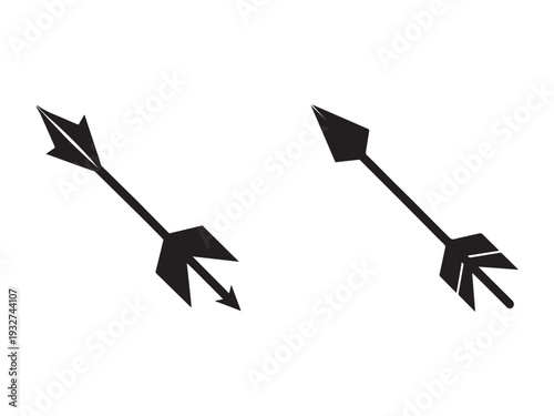 Two black arrows with fletching pointing in opposite directions on white background  simple graphic design elements