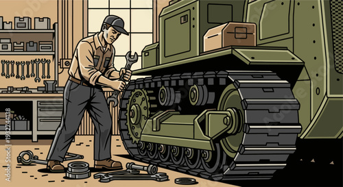 A skilled mechanic in a workshop is repairing a vintage army tank using wrenches, with tools scattered on the floor in a detailed illustration.