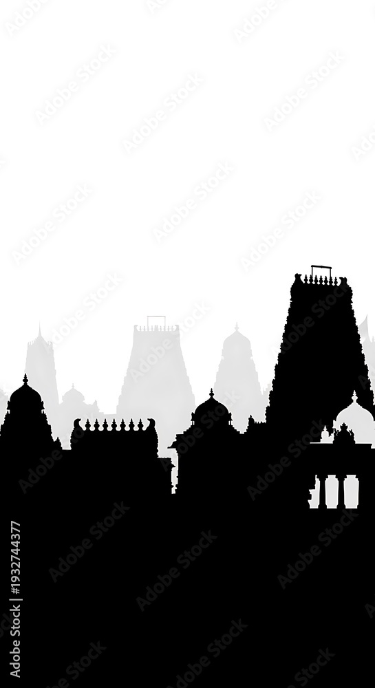 Fototapeta premium Silhouette of a South Indian Temple Complex Against a White Sky.
