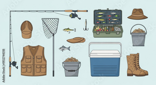 Fishing gear and equipment arranged on a light blue background, ready for angling.