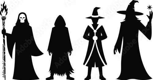 Silhouette of fantasy wizards and sorcerers with staff, robe, hat, magical spellcasting, Halloween costume design vector illustration for Adobe Stock