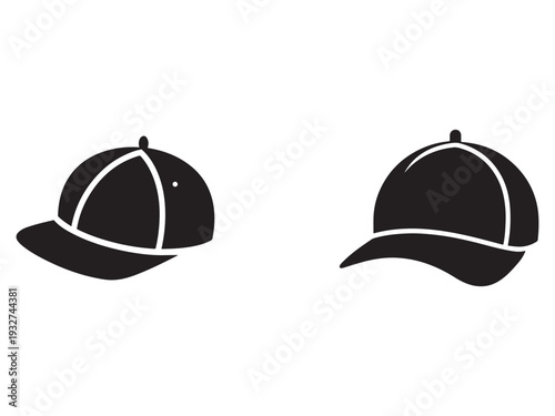 Two black baseball caps with white outlines facing different directions on white background