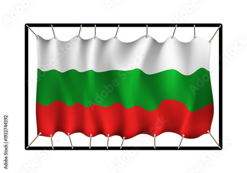 Flag of Bulgaria. Realistig banner on ropes isolated on white background. Vector illustration