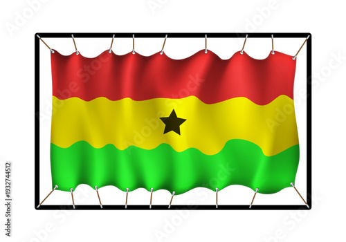 Flag of Ghana. Realistig banner on ropes isolated on white background. Vector illustration