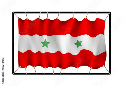 Flag of Syria. Realistig banner on ropes isolated on white background. Vector illustration