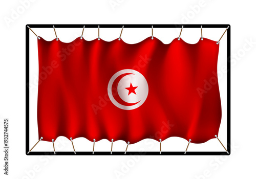 Flag of Tunisia. Realistig banner on ropes isolated on white background. Vector illustration