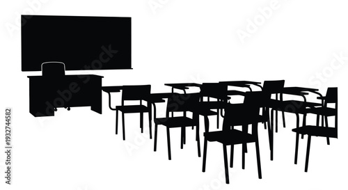 Silhouetted classroom with desks chairs and a projection screen against white