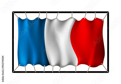 Flag of France. Realistig banner on ropes isolated on white background. Vector illustration