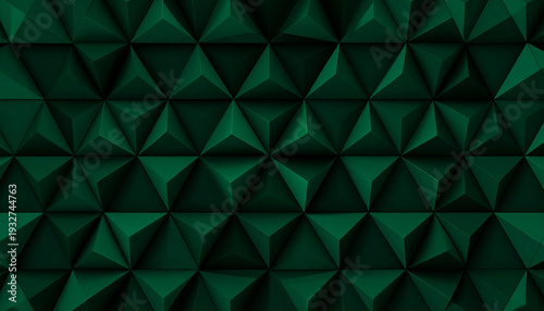 Dark green geometric 3D triangle pattern with depth and symmetry. Modern abstract wall texture perfect for corporate branding, tech backgrounds, presentations and luxury design concepts.