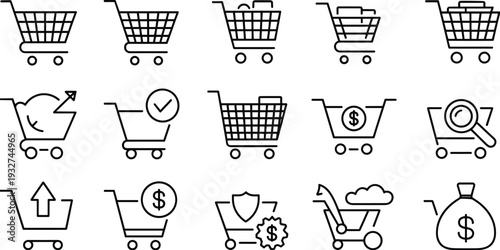 Shopping cart and ecommerce outline icon set isolated on white background featuring checkout payment delivery and online retail symbols vector illustration