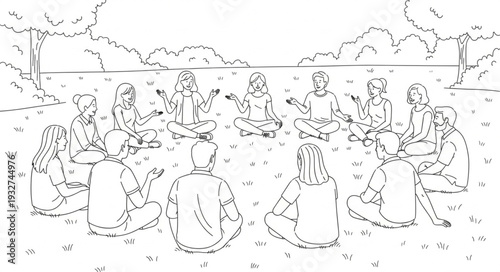 Group of people sitting in a circle, engaged in discussion, outdoors.