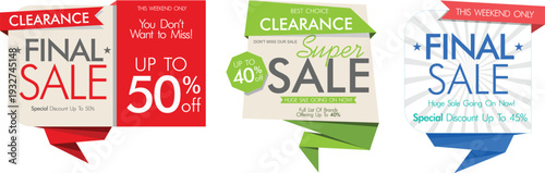 A collection of colorful sale and clearance stickers