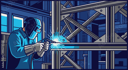 An illustration of a welder in safety gear welding metal construction with bright sparks, showcasing skill and industry. Great for engineering, construction, and safety related projects.