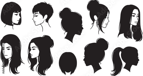 Set of Different Female Hairstyles Vector Illustration. Women Head Profiles and Silhouettes. isolated PNG with Transparent Background