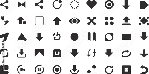 User interface solid icon set isolated on white background featuring arrows media controls share symbols and navigation buttons vector illustration collection