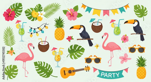 Tropical party elements collection featuring flamingos, toucans, and cocktails.
