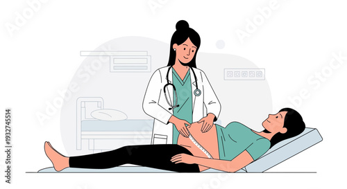 Doctor checks pregnant woman's belly with tape measure in clinic exam room