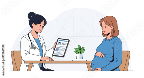 Doctor consulting pregnant woman on tablet in medical office