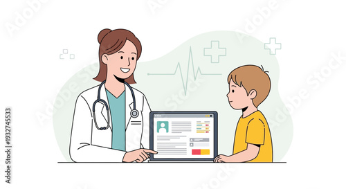 Doctor Consults Child Patient Using Digital Health Record on Tablet