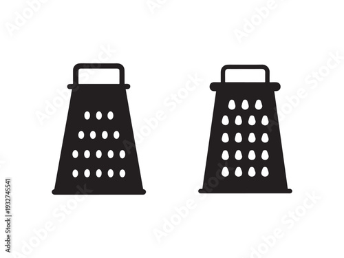 Two black cheese graters with handles on top and holes for grating cheese or vegetables kitchen utensils for food preparation  cooking tools