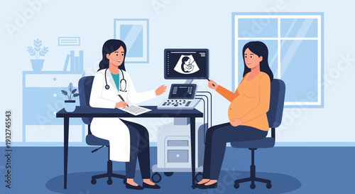 Doctor consulting pregnant woman during ultrasound scan in clinic