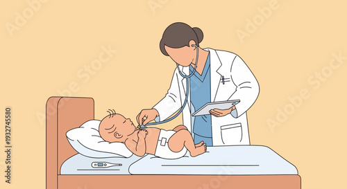 Doctor examines baby with stethoscope, digital tablet, medical checkup, healthcare concept