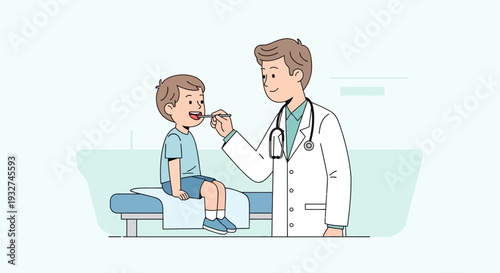 Doctor examining child's throat with tongue depressor, healthcare concept illustration