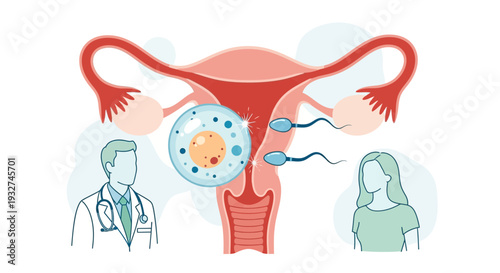 Medical Illustration: Fertilization Process, Sperm Meeting Egg in Uterus, Doctor and Patient
