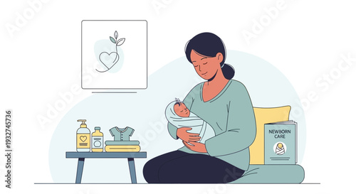 Mother Holding Newborn Baby, Maternity Care, Cozy Home Environment, Love and Nurturing