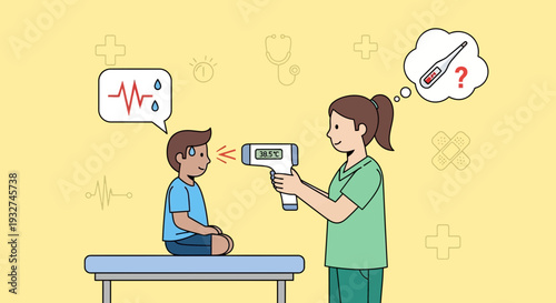 Nurse checking child's temperature with infrared thermometer, fever symptoms