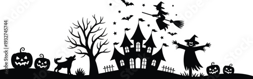 Silhouette of Halloween scene with haunted house, witch flying broomstick, pumpkins, bats, black cat, spooky tree vector illustration for Adobe Stock
